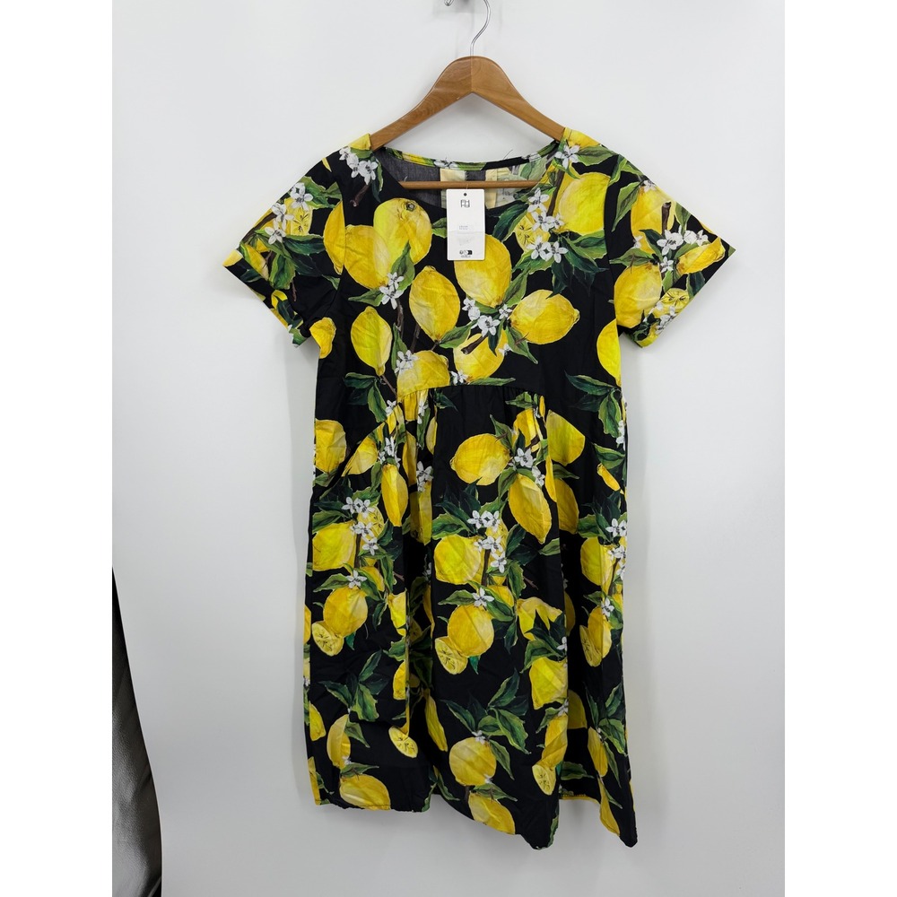 FH Group Lemon Print 100Cotton Babydoll Dress Womens One Size Black Yellow Italy